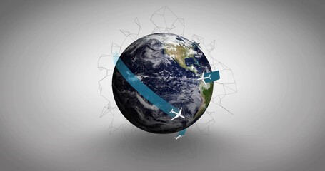 Rotating globe showing Americas on grey studio backdrop with blue ribbon, planes, mesh and shadow