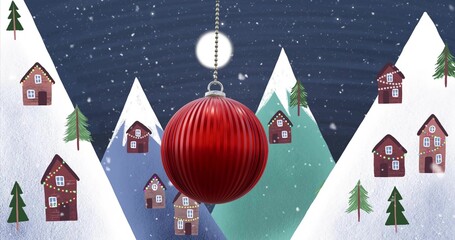 Hanging glossy red Christmas ornament reflecting moonlight above snowy peaks, village with chalets