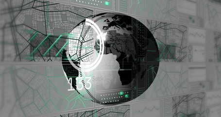 Fototapeta premium Displaying central globe on data dashboard with concentric HUD rings, maps, teal routes, readouts