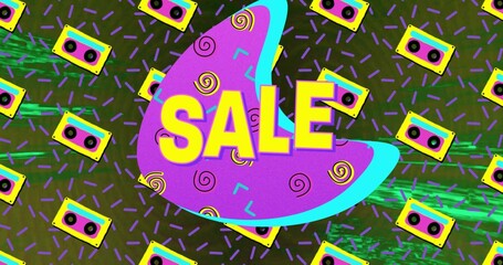 Obraz premium Showing purple crescent with cyan outline displaying SALE lettering on retro banner, cassette tapes