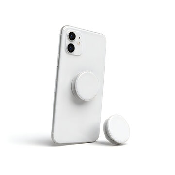 White smartphone with pop socket isolated on transparent background isolated on white background