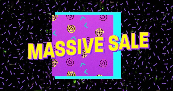 Showing bold yellow MASSIVE SALE title covering purple square on retro promo banner with cyan frame
