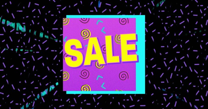 Featuring central panel with cyan frame on black backdrop, showing purple interior and yellow SALE
