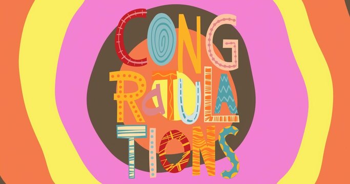 Showing CONGRATULATIONS letters sitting on flat design over dark-brown circle, coral yellow pink