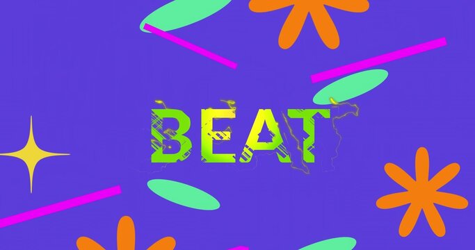 Displaying central BEAT on purple background, with orange bursts, lime ovals, pink bars