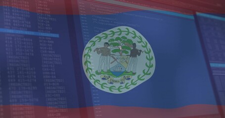 Overlaying Belize flag covering monitors at tech workstation, showing coat of arms and code