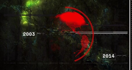 Displaying red stylized map of Americas with segmented HUD arc on digital control display, timeline