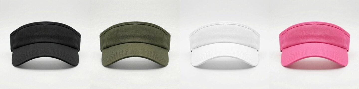 Four adjustable sun visors displayed in black olive green white and pink colors.