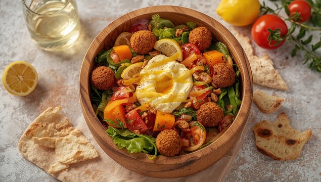 Bowl of mixed salad- tomatoes- sweet patato Falafel and Hummus- yoghurt sauce and flat bread