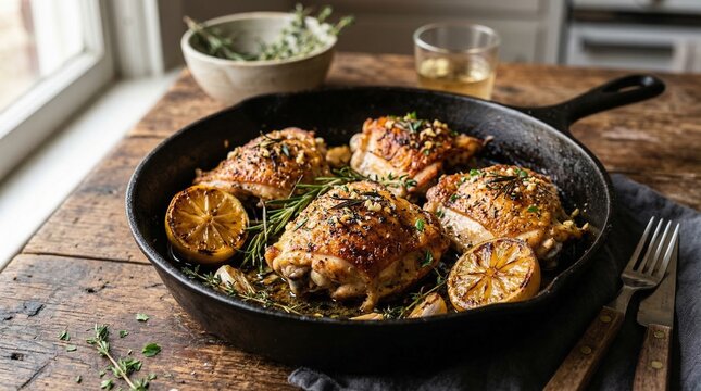 Baked chicken thighs with crispy skin and lemon slices in skillet  