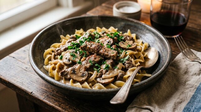 Beef Stroganoff with Egg Noodles and Mushrooms in a Rustic Bowl  