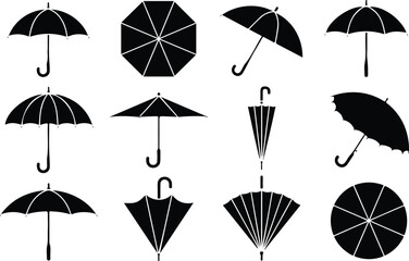 black umbrella silhouette icon set featuring various open closed and folded parasol designs for weather and protection concepts, © Md