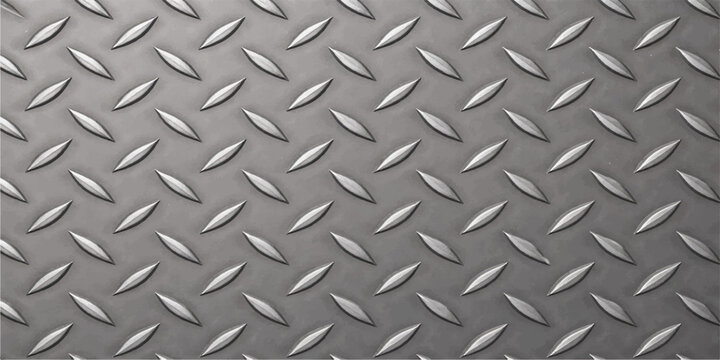 A seamless industrial diamond plate texture features a hard metallic pattern on a gray steel surface, providing a rugged silver aluminum backdrop for construction and material design