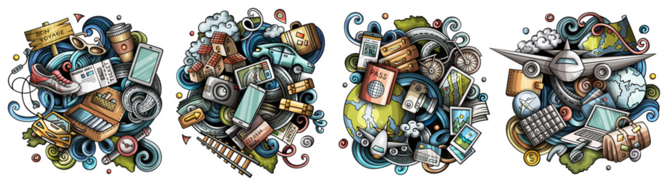 Colorful vector illustration of travel and vacation elements. luggage, tickets, airplane, maps, and landmarks in doodle style. Ideal for tourism, adventure, holiday, and journey design projects