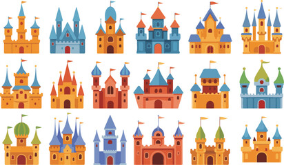 whimsical fairy tale castle vector set featuring colorful fantasy fortresses and magic palaces for children's illustration, © Md