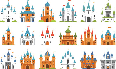whimsical fairy tale castle vector set featuring colorful fantasy fortresses and magic palaces for children's illustration, © Md