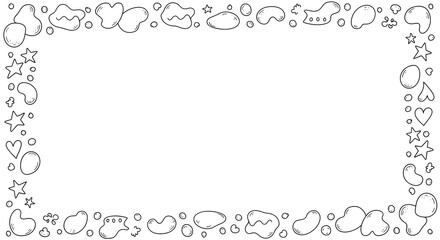 Playful black and white doodle border frame with stars, hearts, and abstract shapes