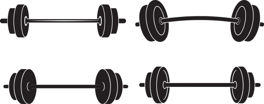 set of Barbell with Weight Plates Silhouette Vector Illustration black and white