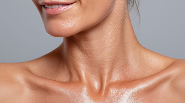 Glossy collarbone skin, neck close up, female collarbone, smooth skin texture, healthy skin