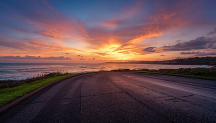 Asphalt road square and coastline with beautiful sky cloud natural landscape at sunset. Parking lot by the sea