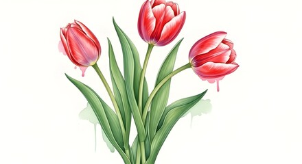 Obraz premium Vibrant red tulips bouquet watercolor painting with green leaves on a clean white background