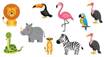 Collection of Diverse African Safari Animals and Birds. © Pasni