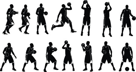 Silhouette illustration of basketball players in multiple dynamic poses including dribbling, shooting, passing, and jumping, symbolizing sports, fitness, teamwork, co