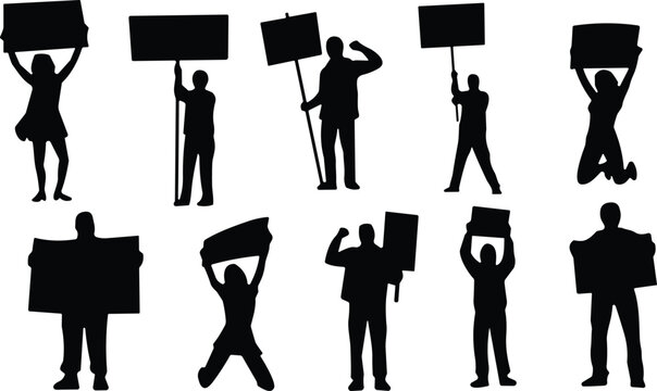 Protest icons, activist silhouettes, people holding signs, demonstration figures, social movement, political rally, public awareness, freedom expression, vector illustration, activism