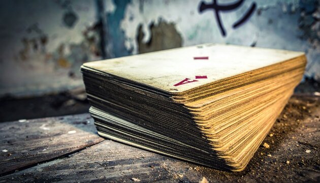 An aged, thick stack of vintage playing cards, discolored, bent, and subtly torn, showing clear signs of countless intense games and a rich, forgotten history, sitting on a gritty, textured surface.
