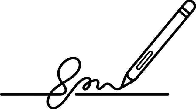 A simple line art illustration depicting a pencil actively writing an abstract signature on a horizontal line, symbolizing agreement or authorization.