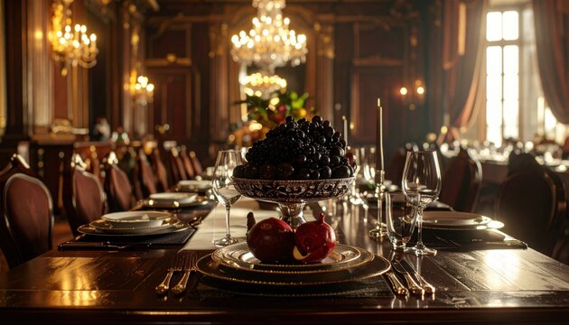 An opulent dining table set with dark grapes, pomegranates, silver cutlery, and crystal glasses, glowing under a grand chandelier in a luxurious room.
