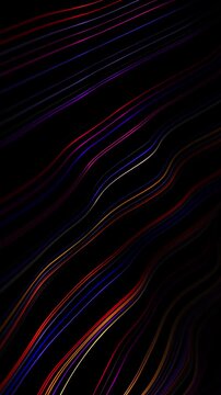 Vertical flowing light lines on deep black background. Red crimson streaks glow softly. Blue cobalt and violet neon curves drift. Multicolor luminous wave pattern. Abstract phone wallpaper loop 4K.