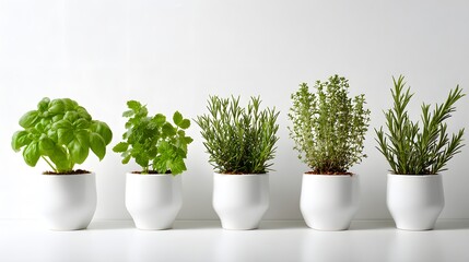 Fototapeta premium Five Potted Herbs Lined Up In A Row On A White Surface.