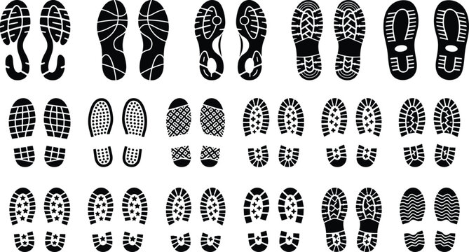 Collection of shoe sole footprints silhouettes vector set different sneaker boot tread marks isolated black shoe prints for track and design