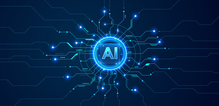 Artificial intelligence. AI semiconductor on a circuit board and electronic elements background	