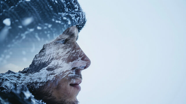 primer plano de persona monta&ntilde;era con sobreimpresi&oacute;n de paisaje de monta&ntilde;a nevada