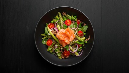 Overhead view of a black bowl filled with smoked salmon salad, asparagus, rocket, green peas, tomatoes, and red onion on a dark wooden table, with empty space around it