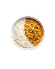 A plate of rice topped with a portion of spiced curry dish.