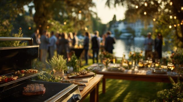 Catering service at luxury outdoor corporate event with gourmet barbecue and waterfront view