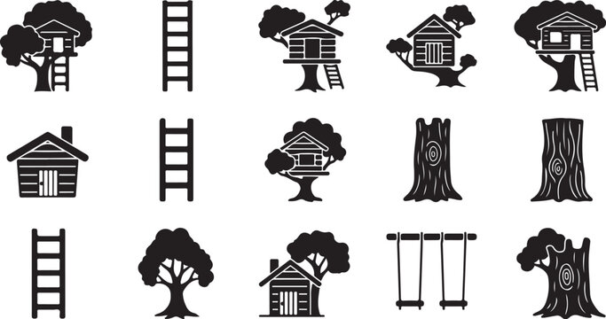 Treehouse icons and tree silhouettes with ladders and swings