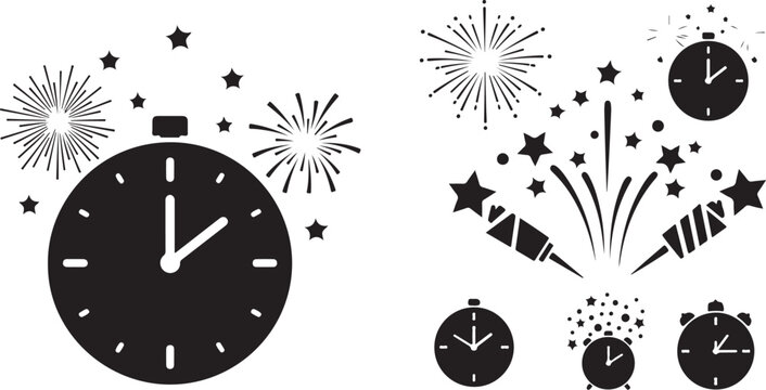 New Year's Eve Celebration with Clocks and Fireworks Display