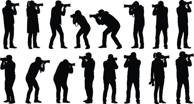 Large collection of professional photographer silhouettes set, men and women holding cameras, taking photos, isolated on white background, vector illustration.