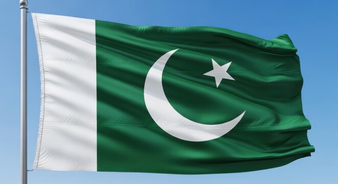 pakistan, flag, national, country, green, white, crescent, star, symbol, republic, banner, fabric, waving, cloth, pole, sky, blue, outdoor, freedom, independence, government, islam, south, asia, patri