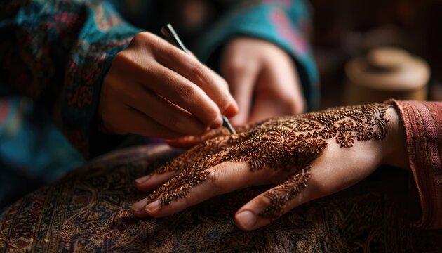 Muslim woman applying henna before Eid celebration, macro detail, intricate patterns, soft focus background