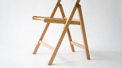 A light brown wooden folding chair stands elegantly with its legs visible on a white background.