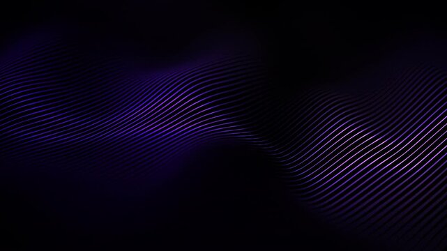 Purple luminous line wave on deep black background. Violet ultraviolet curves flow smoothly. Neon indigo gradient stripes form abstract surface. Digital tech wave. Seamless loop 4K UHD.