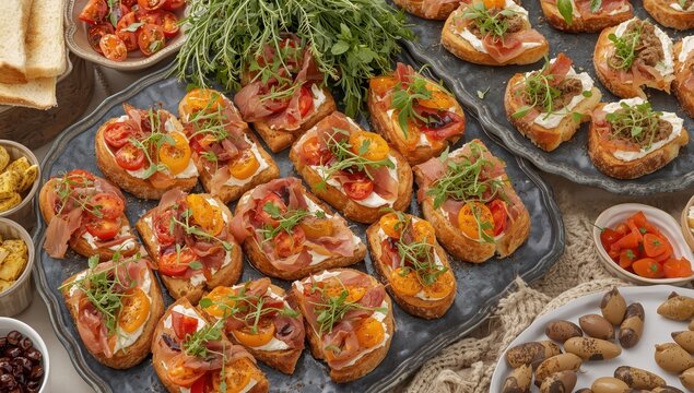 Elegant bite-sized sandwiches featuring prosciutto, cream cheese, and toppings at upscale catering event