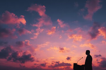 Obraz premium Speaker Silhouette at Podium Against Dramatic Sunset Sky with Clouds