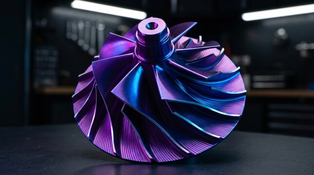 Macro detail of a high performance billet turbocharger compressor wheel with neon purple and blue lighting, automotive tuning and precision engineering concept