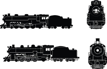 Steam locomotive silhouette illustration, vintage train design, railway engine front and side view, retro transportation artwork, industrial heritage graphic, black vector © NASRIN